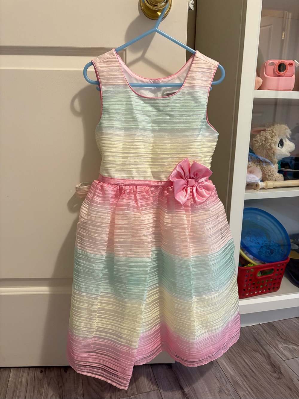 Girl's Pastel Stripe Party Dress with Pink Flower